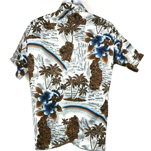 Vtg 80's? Men's Van Cort Gray Blue Brown Palms Hawaiian Short Slv Shirt Medium M - Picture 5 of 6